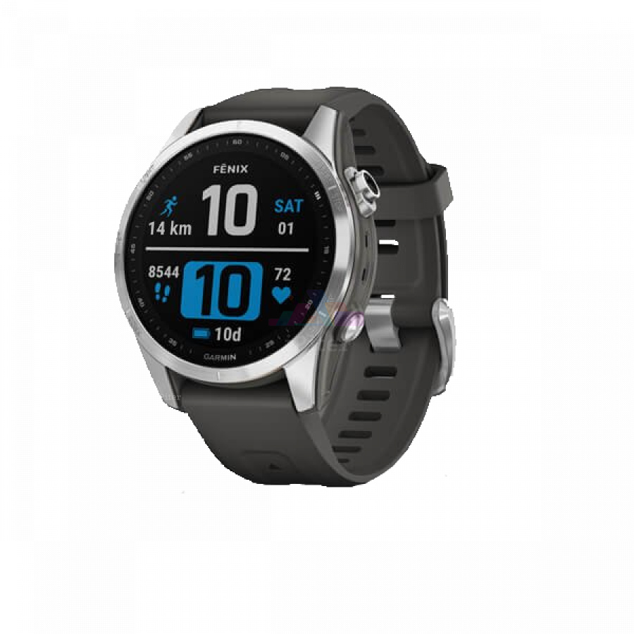 Фото Купить Умные часы Garmin Fenix 7s серебристый с графитовым силиконовым ремешком (010-02539-01) по низкой цене в
