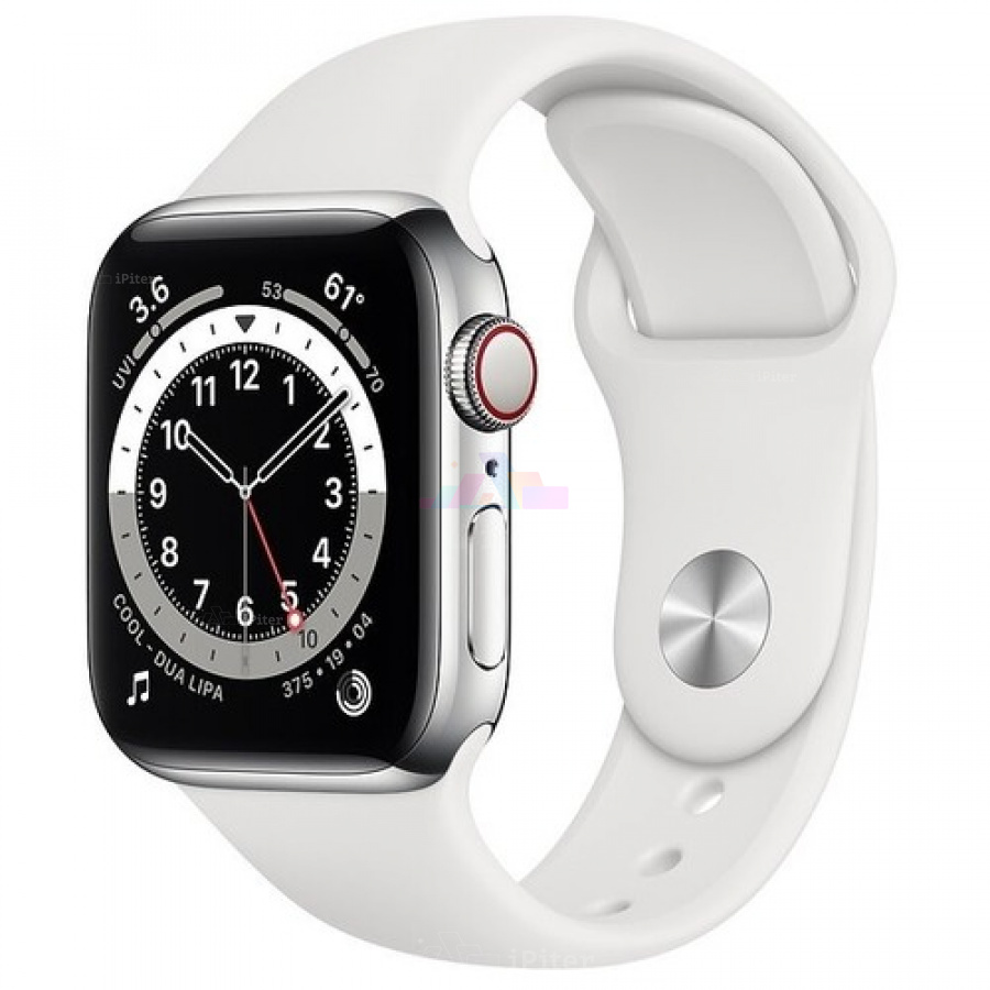 Фото Купить Apple Watch Series 6 <br>44 мм Stainless Steel «Silver» with Sport band white с функцией GPS + Cellular по низкой цене в